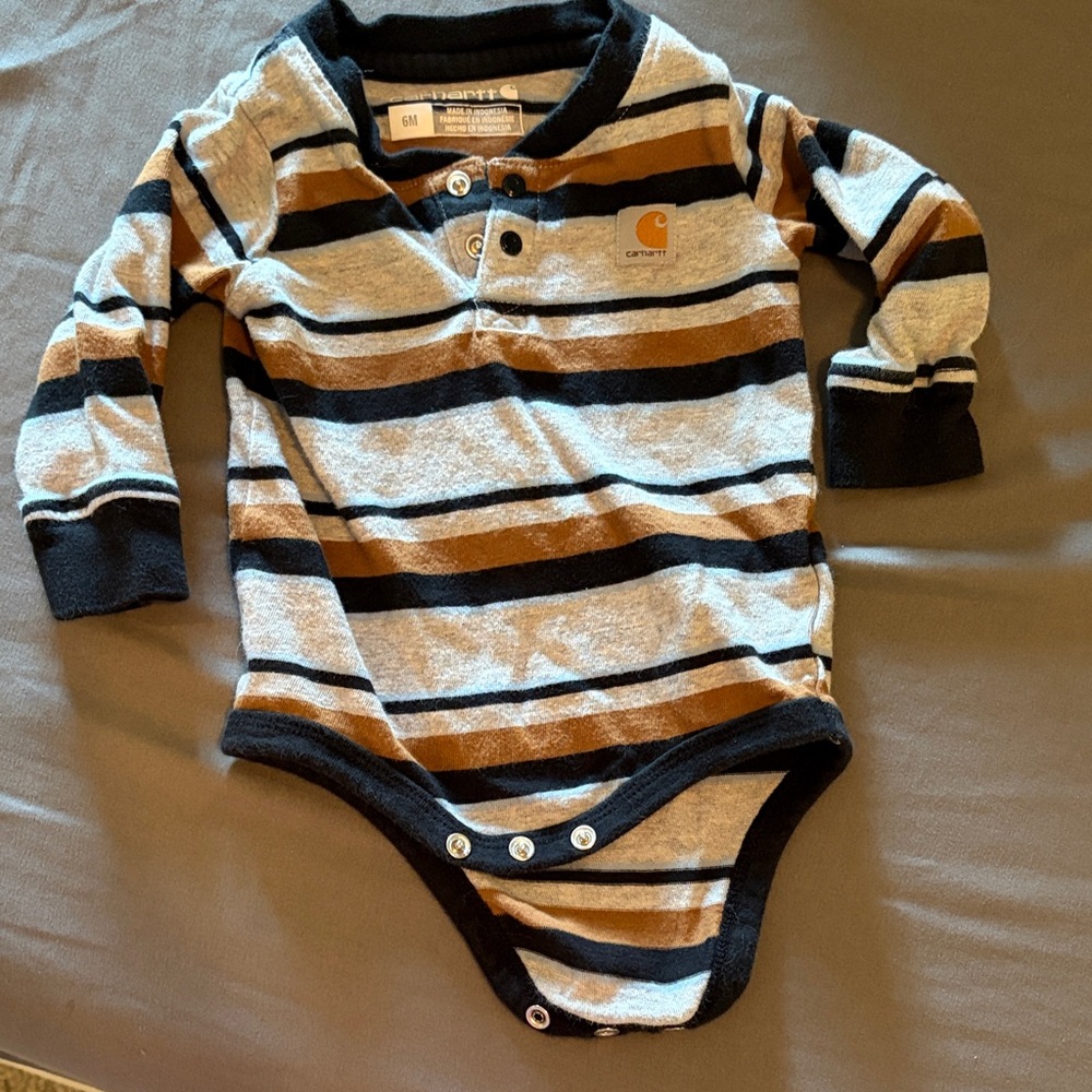 Carhartt Striped Long-Sleeve Onesie in Tan, Black, and Gray